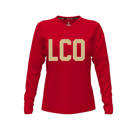 [FTLVPTRD-FYXS-LOGO1] Decker Performance T-Shirt (Female Youth XS, Red, V Neck, Logo 1, Long Sleeve)