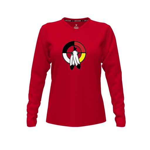 [FTLVPTRD-FYXS-LOGO3] Decker Performance T-Shirt (Female Youth XS, Red, V Neck, Logo 3, Long Sleeve)