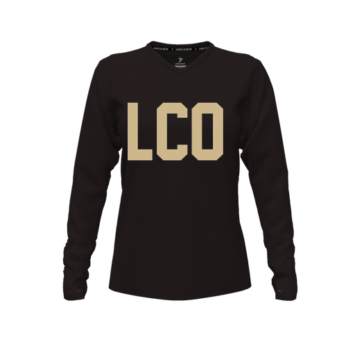 [CUS-DFW-TEES-CMF-VNK-LSL-BLK-FYXS-LOGO1] Decker Comfort T-Shirt (Female Youth XS, Black, V Neck, Logo 1, Long Sleeve)