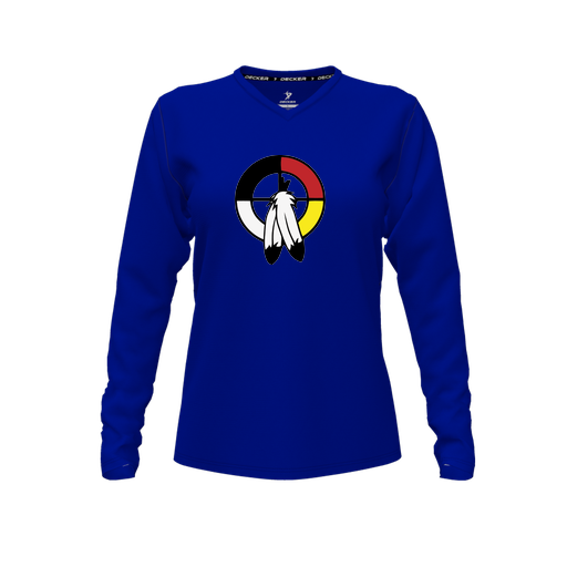 [CUS-DFW-TEES-CMF-VNK-LSL-RYL-FYXS-LOGO3] Decker Comfort T-Shirt (Female Youth XS, Royal, V Neck, Logo 3, Long Sleeve)